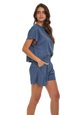 Navy Linen Top and Short Set