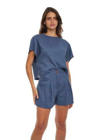 Navy Linen Top and Short Set